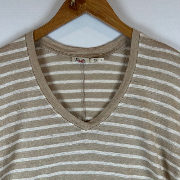 Faherty Womens Tan White Stripe 100% Oceanside Linen V-Neck Short Sleeve Tee XS - Picture 11 of 11